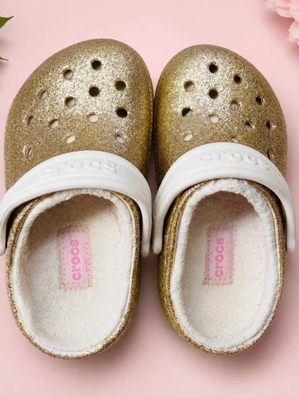 CROCS Kids Glitter Clog with White Strap - Gold